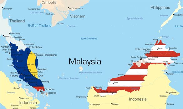 Vector map of Malaysia country colored by national flag