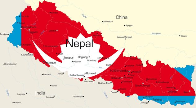 Vector map of Nepal country colored by national flag