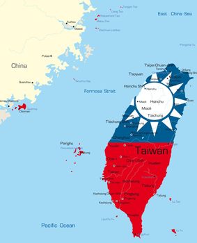 Vector map of Taiwan country colored by national flag