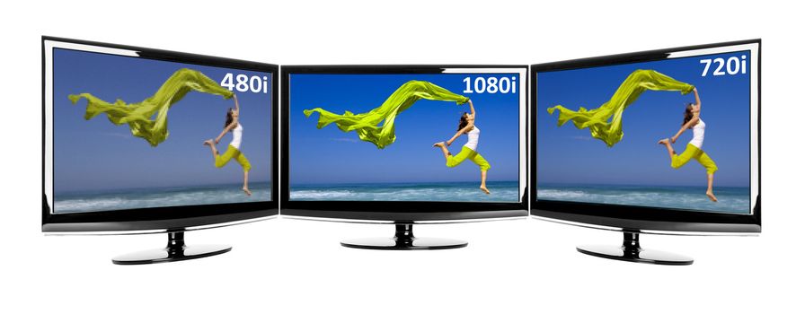 Comparison between 3 TV in parallel showing the same image in different resolutions
