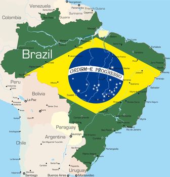 Abstract vector color map of Brazil country colored by national flag

