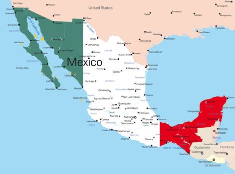 Abstract vector color map of Mexico country colored by national flag
