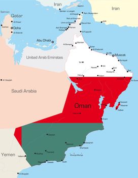 Abstract vector color map of Oman country colored by national flag

