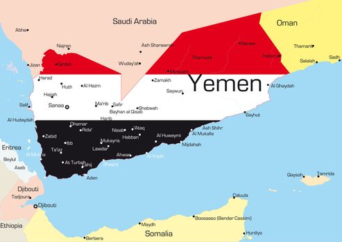 Abstract vector color map of Yemen country colored by national flag