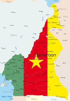 Abstract vector color map of Cameroon country colored by national flag
