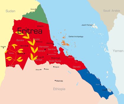 Abstract vector color map of Eritrea country colored by national flag