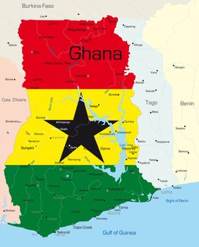 Abstract vector color map of Ghana country colored by national flag

