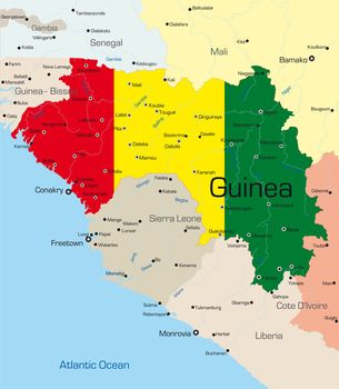 Abstract vector color map of Guinea country colored by national flag

