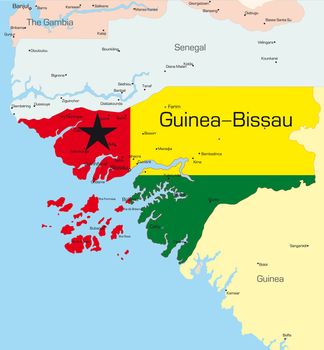 Abstract vector color map of Guinea-Bissau country colored by national flag

