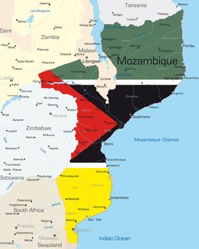 Abstract vector color map of Mozambique country colored by national flag