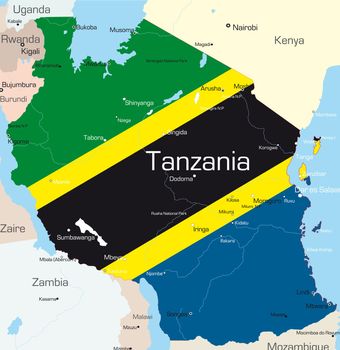 Abstract vector color map of Tanzania country colored by national flag