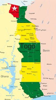 Abstract vector color map of Togo country colored by national flag