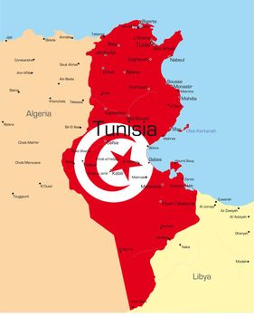 Abstract vector color map of Tunisia country colored by national flag
