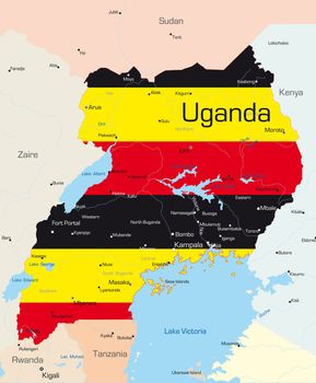 Abstract vector color map of Uganda country colored by national flag
