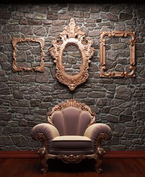 illuminated stone wall and chair made in 3D graphics