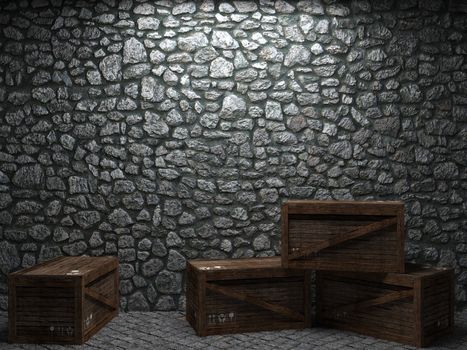 illuminated stone wall and boxes made in 3D graphics