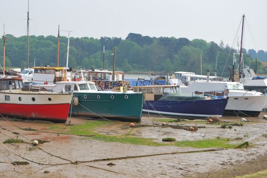 Group of boats in creek at low tide