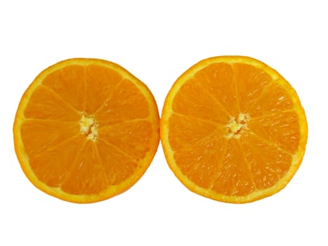 Orange cut in half, photographed from above, on a white background.