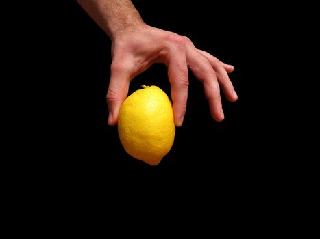 Men's hand holding a lemon. Black background. It seems as if the lemon drop any minute.