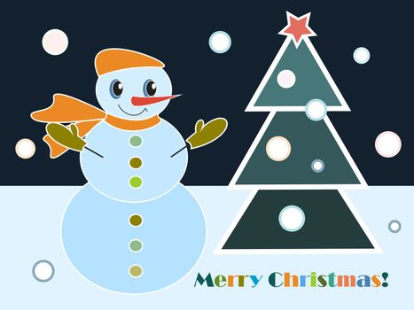 Snowman and Christmas tree on dark sky and blue snow background