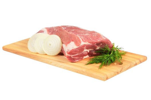 Piece of pork for roasting on a wooden board. Isolated on white.