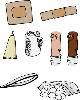 Eight drawings of first-aid supplies and wounded knee in different skin colors.