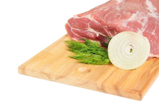 Piece of pork for roasting on a wooden board. Isolated on white.