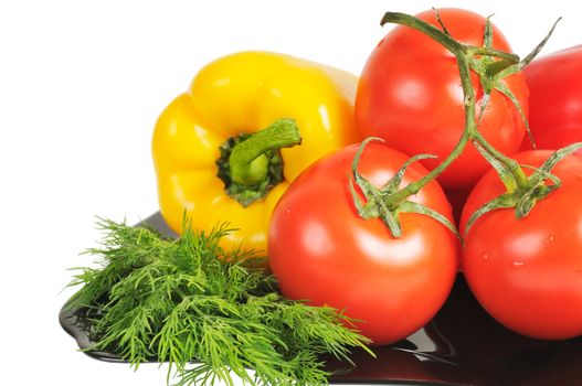 Vegetables - Tomatoes, peppers on a plate with dill. Isolated on white.