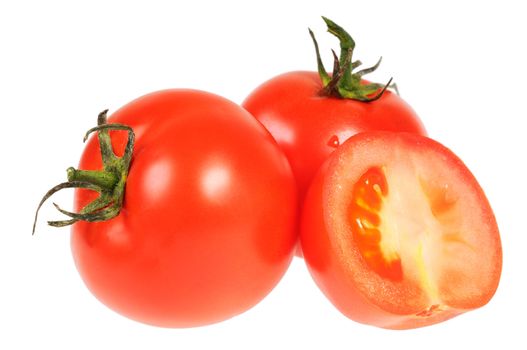 Three tomato. One of them cut. Isolated on white.