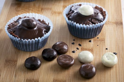 Two chocolate cupcakes topped with chocolate sauce and chocolate covered candies.