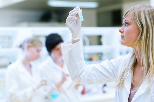 portrait of a female researcher carrying out research in a chemistry lab (color toned image; shallow DOF)