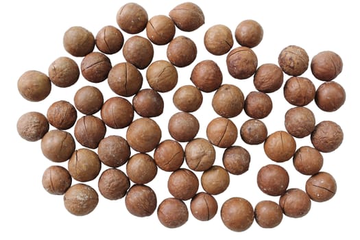 Group of unshelled macadamia Nuts roast mix with salt on white background