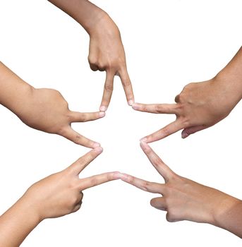 Hands in the form of a star on white background