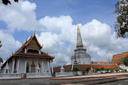 Large Ancient Stupa, Wat Phra MaHathat Woramahawihan, Buddhist temple at Nakhon Si Thammarat, southern of Thailand 