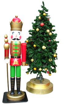 King toy and Christmas Tree with balls on white background 