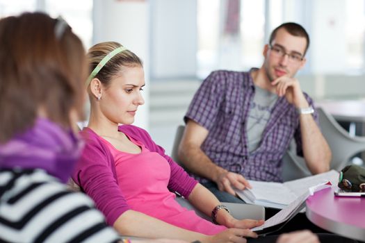 Group of college/university students during a brake between classes - chatting, comparing notes, having fun (shallow DOF; color toned image)