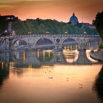 Panoramic view of St. Peter's Basilica and the Vatican City (with the river Tiber winding around it) - Rome, Italy