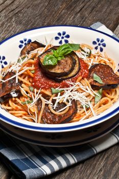Italian Pasta Norma with tomato,ricotta cheese and eggplants