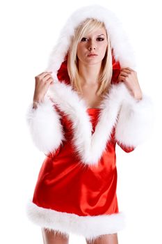 beautiful woman wearing santa claus clothes on a white background