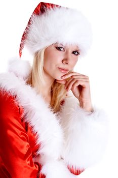 beautiful woman wearing santa claus clothes on a white background