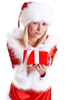 beautiful woman with holiday gift on a white background