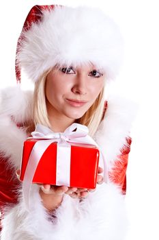 beautiful woman with holiday gift on a white background