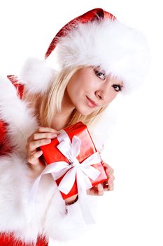 beautiful woman with holiday gift on a white background