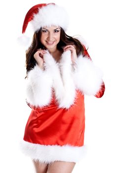 beautiful woman wearing santa claus clothes on a white background