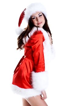 beautiful woman wearing santa claus clothes on a white background