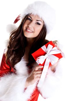 beautiful woman with holiday gift on a white background