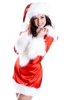 beautiful woman wearing santa claus clothes on a white background