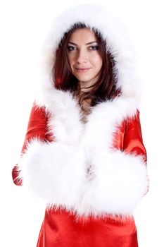 beautiful woman wearing santa claus clothes on a white background