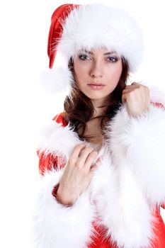 beautiful woman wearing santa claus clothes on a white background