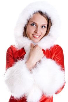 beautiful woman wearing santa claus clothes on a white background